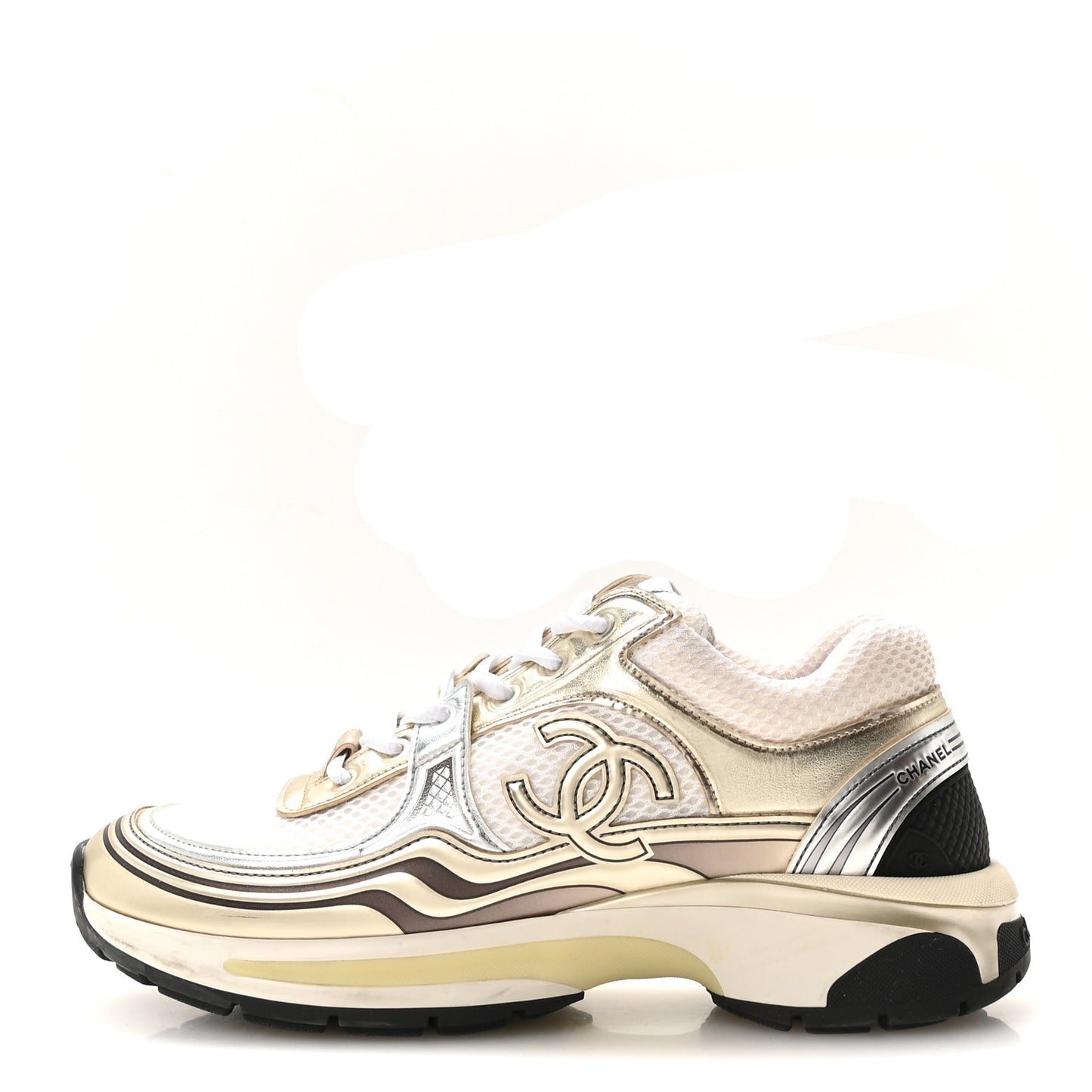 Fabric Laminated Calfskin Stretch CC Sneakers 39 White Gold Silver