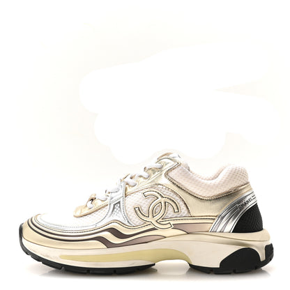 Chanel Fabric Laminated Calfskin Stretch CC Sneakers 39 White Gold Silver 1 of 8