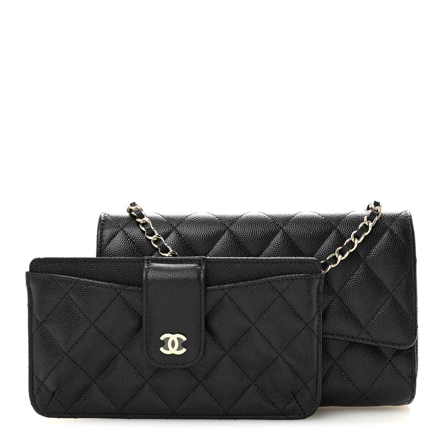 Caviar Quilted Phone Holder Wallet on Removable Chain Black