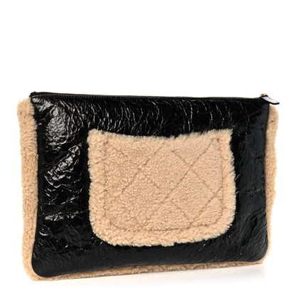 Chanel Shiny Crumpled Sheepskin Shearling CC Mania Zip Pouch Black Beige 3 of 10