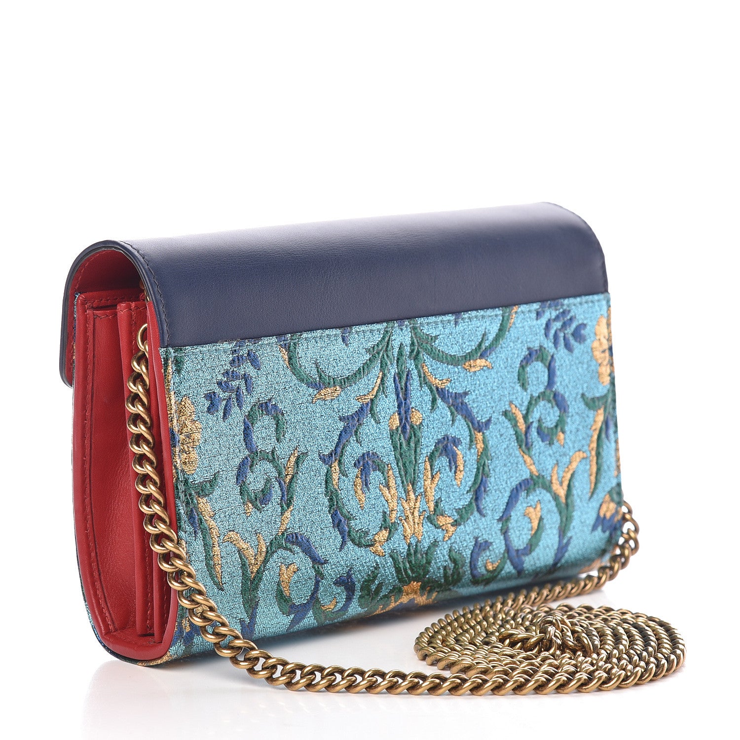 Gucci Metallic Brocade Calfskin Mini Dionysus Chain Wallet Black Blue Azure 3 of 14