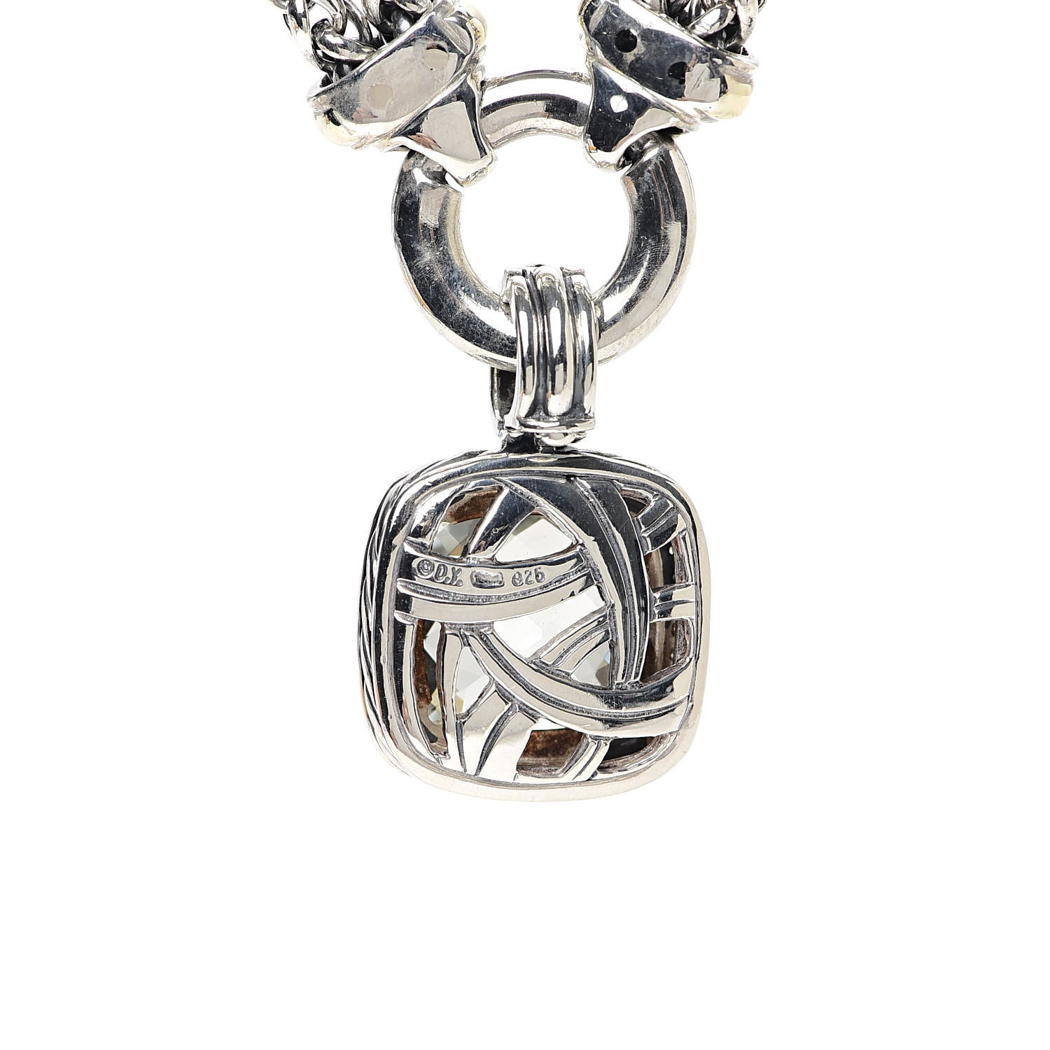David Yurman Sterling Silver 18K Yellow Gold Diamond Prasiolite 14mm Albion Wheat Chain Pendant Necklace 5 of 6