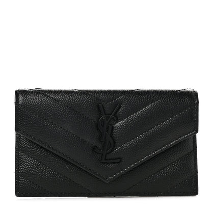 Saint Laurent Grain De Poudre Matelasse Chevron Monogram Monochrome Compact Wallet Black 1 of 6
