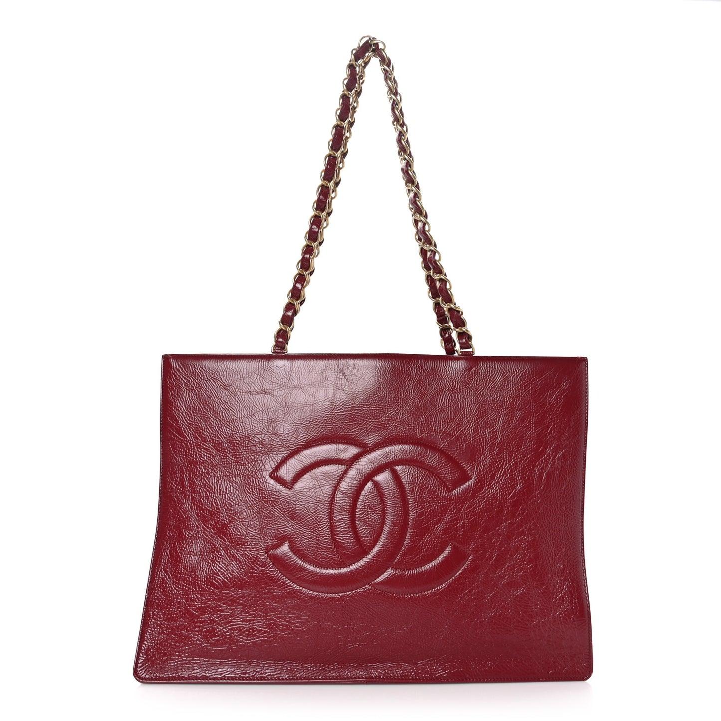 Shiny Aged Calfskin Shopping Bag Red