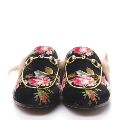 Gucci Velvet Fur Floral Womens Princetown Slippers 35.5 Black 2 of 8