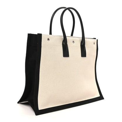 Saint Laurent Linen Calfskin Rive Gauche Tote White Black 3 of 9