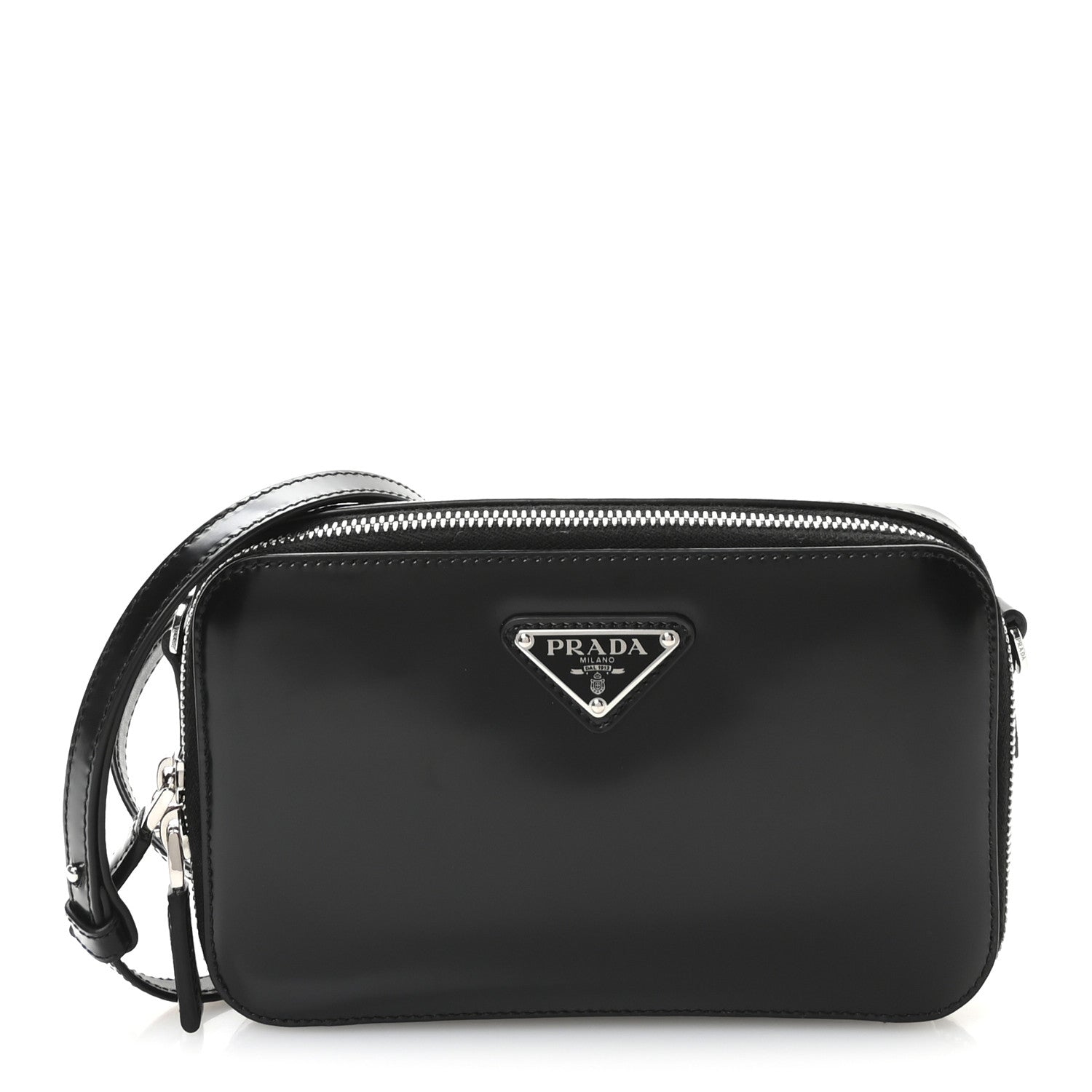 Prada Spazzolato Metal Triangle Logo Mini Pouch Shoulder Bag Black 1 of 9