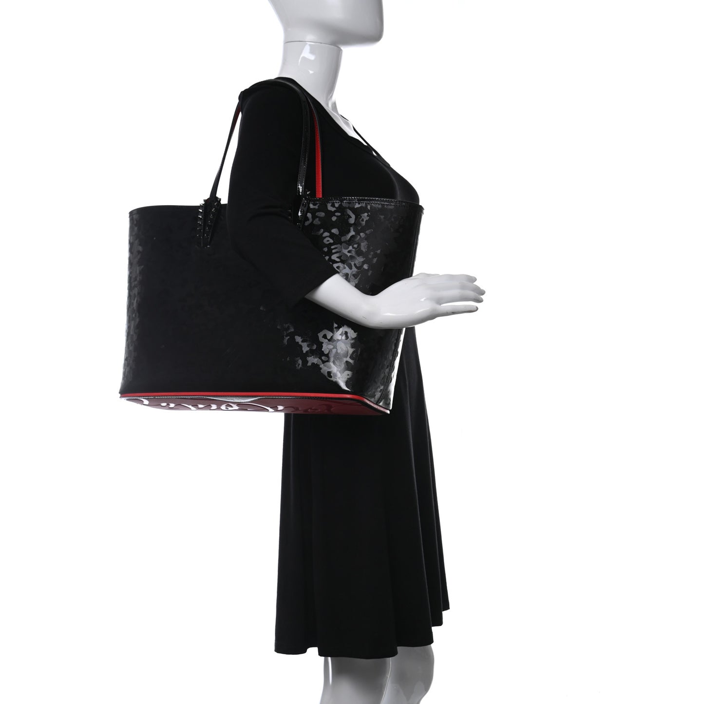 Patent Calfskin Print Leopard Print Spikes East West Cabata Tote Black
