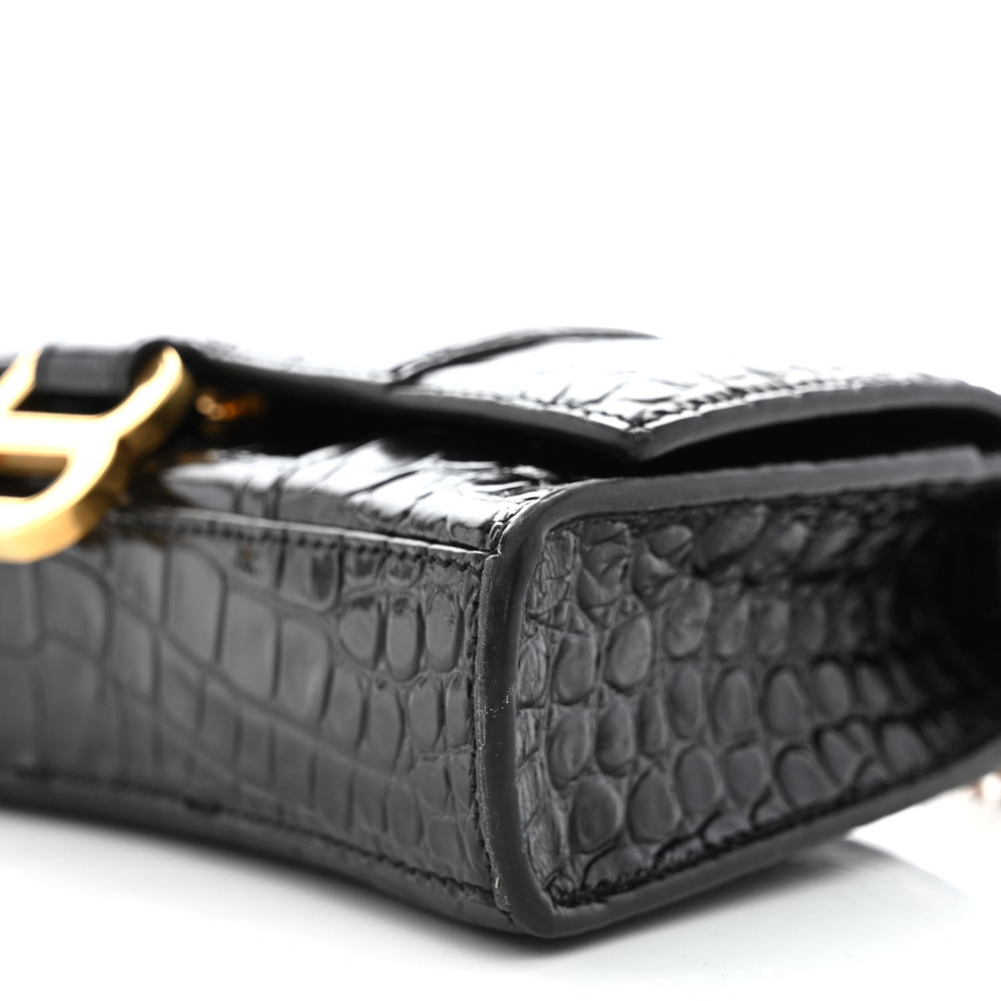 Shiny Calfskin Crocodile Embossed Hourglass Chain Bag Black