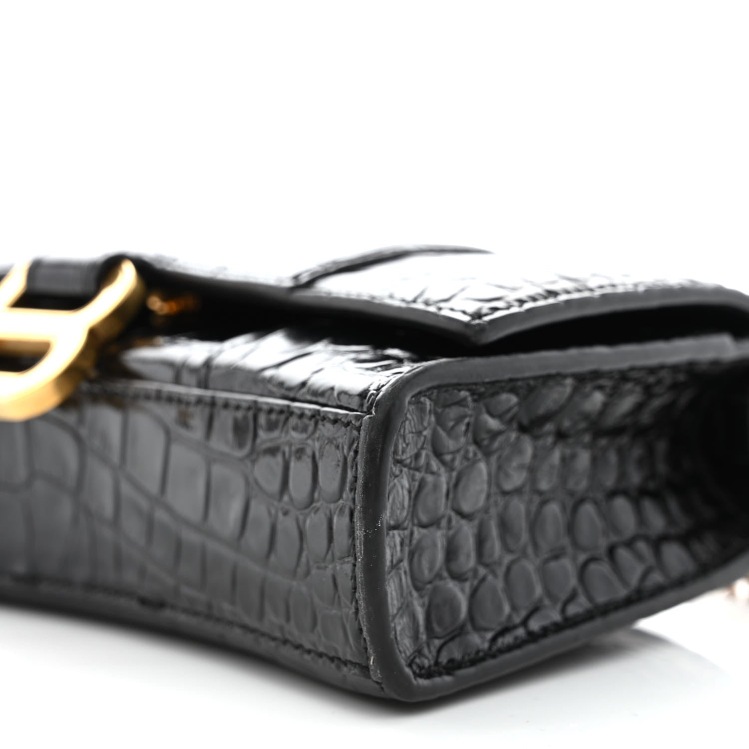 Balenciaga Shiny Calfskin Crocodile Embossed Hourglass Chain Bag Black 8 of 9