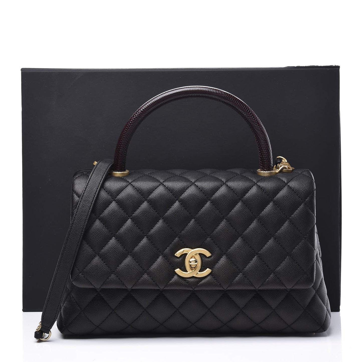 Caviar Lizard Embossed Quilted Small Coco Handle Flap Black