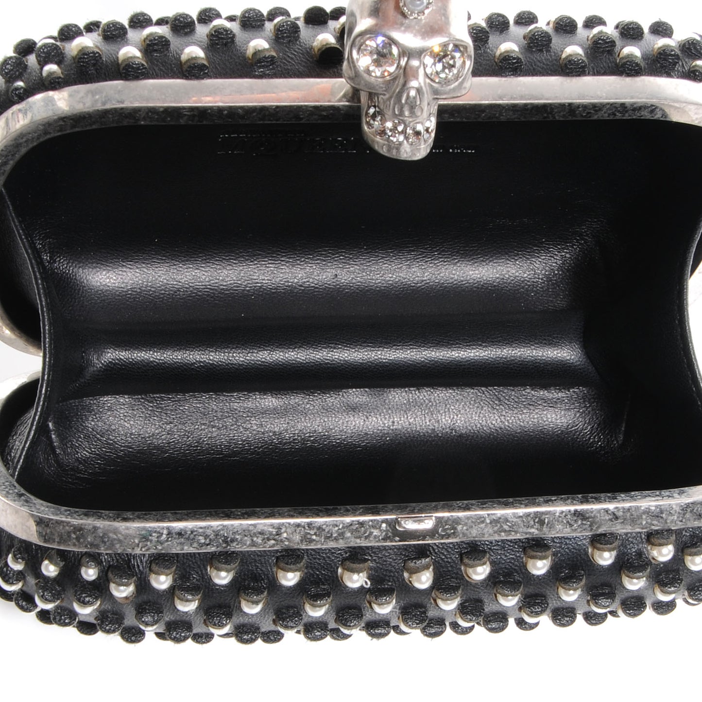 Pearl Embellished Calfskin Skull Box Clutch Black