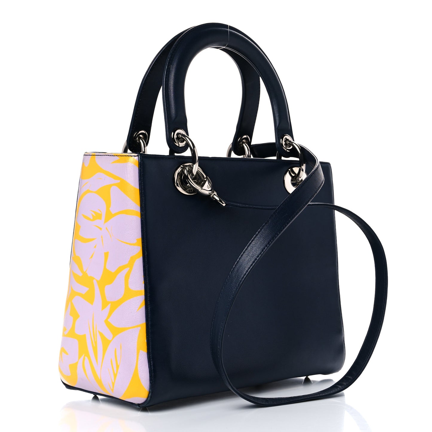 Calfskin Flower Printed Medium Lady Dior Navy Multicolor