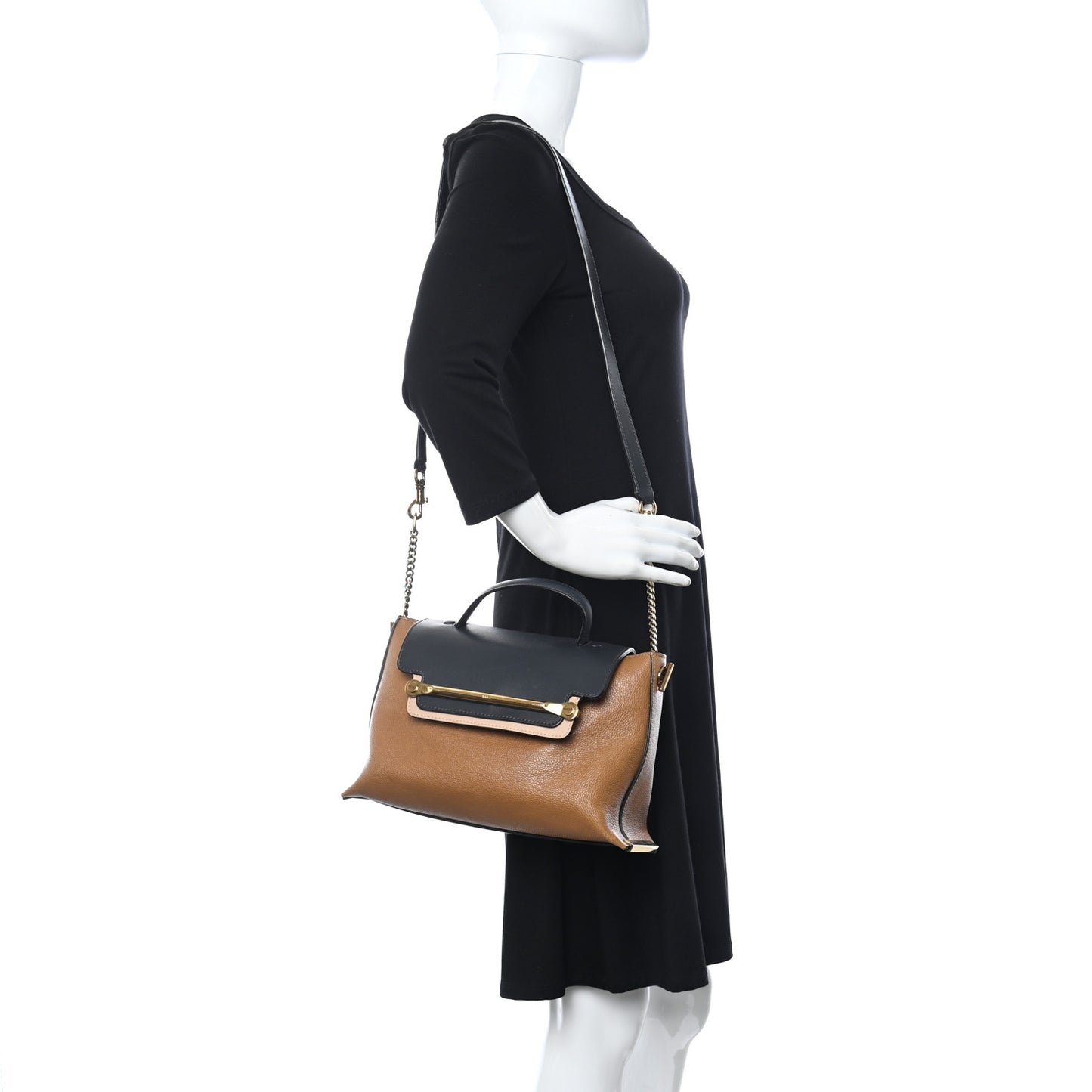 Calfskin Medium Clare Top Handle Bag Tan Black