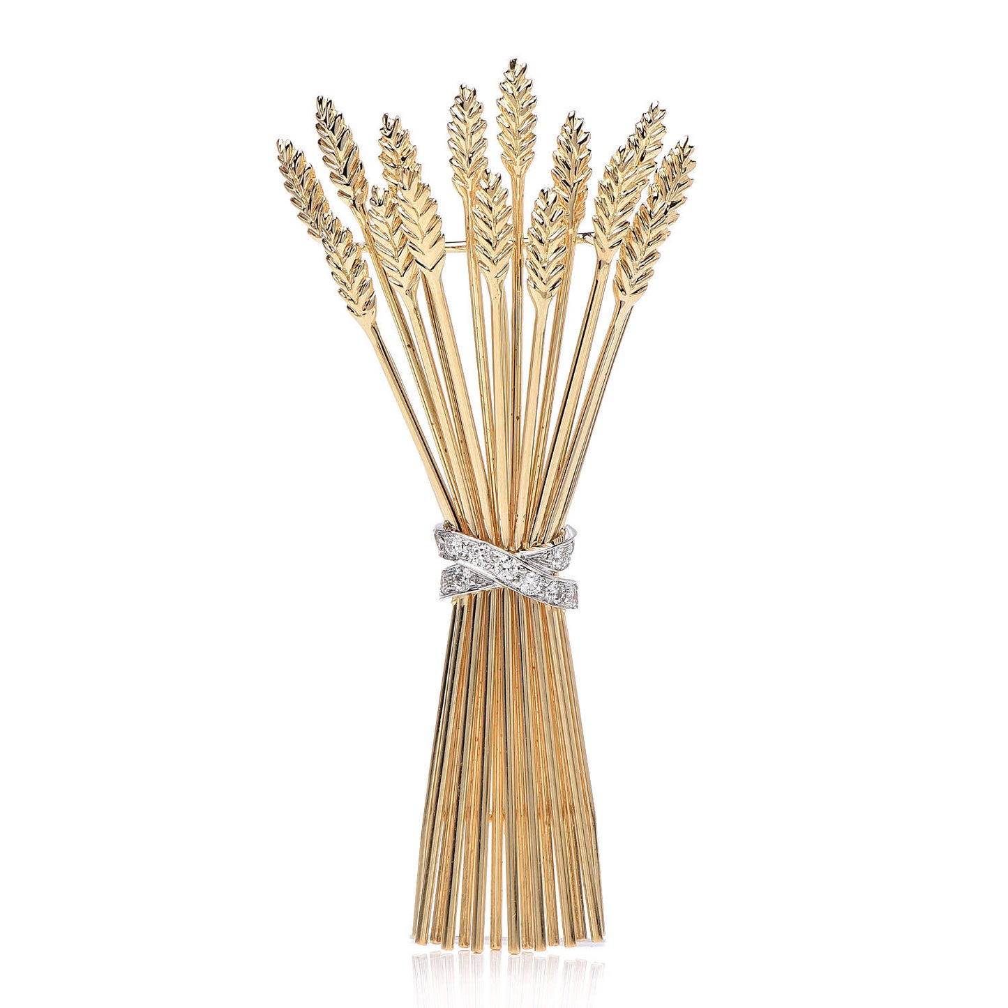 18K Yellow Gold Platinum Diamond Wheat Sheaf Brooch