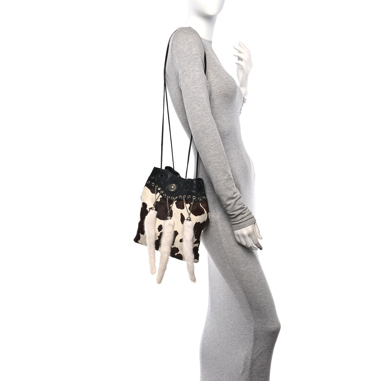 Miu Miu Lambkskin Mink  Fur Pony Hair Drawstring Bag Black 3 of 9
