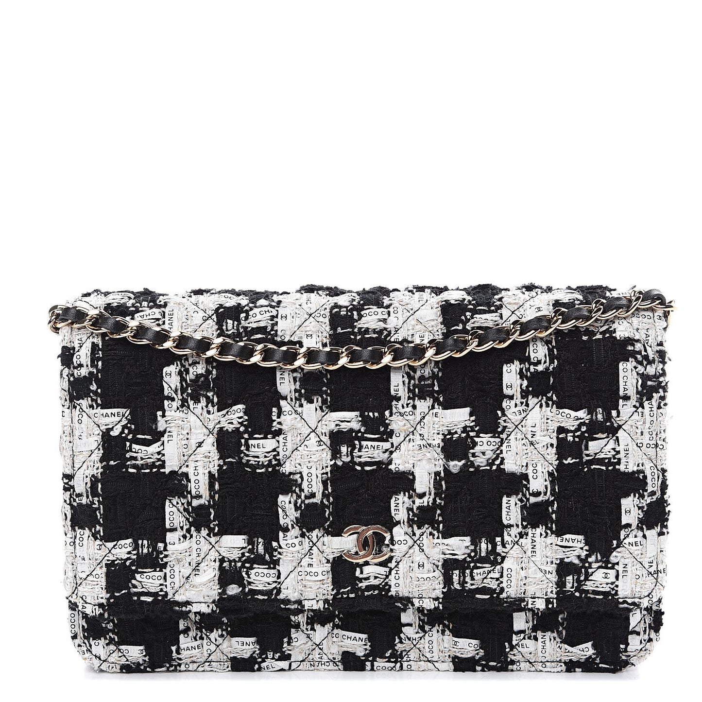 Tweed Quilted Wallet On Chain WOC Black Ecru White