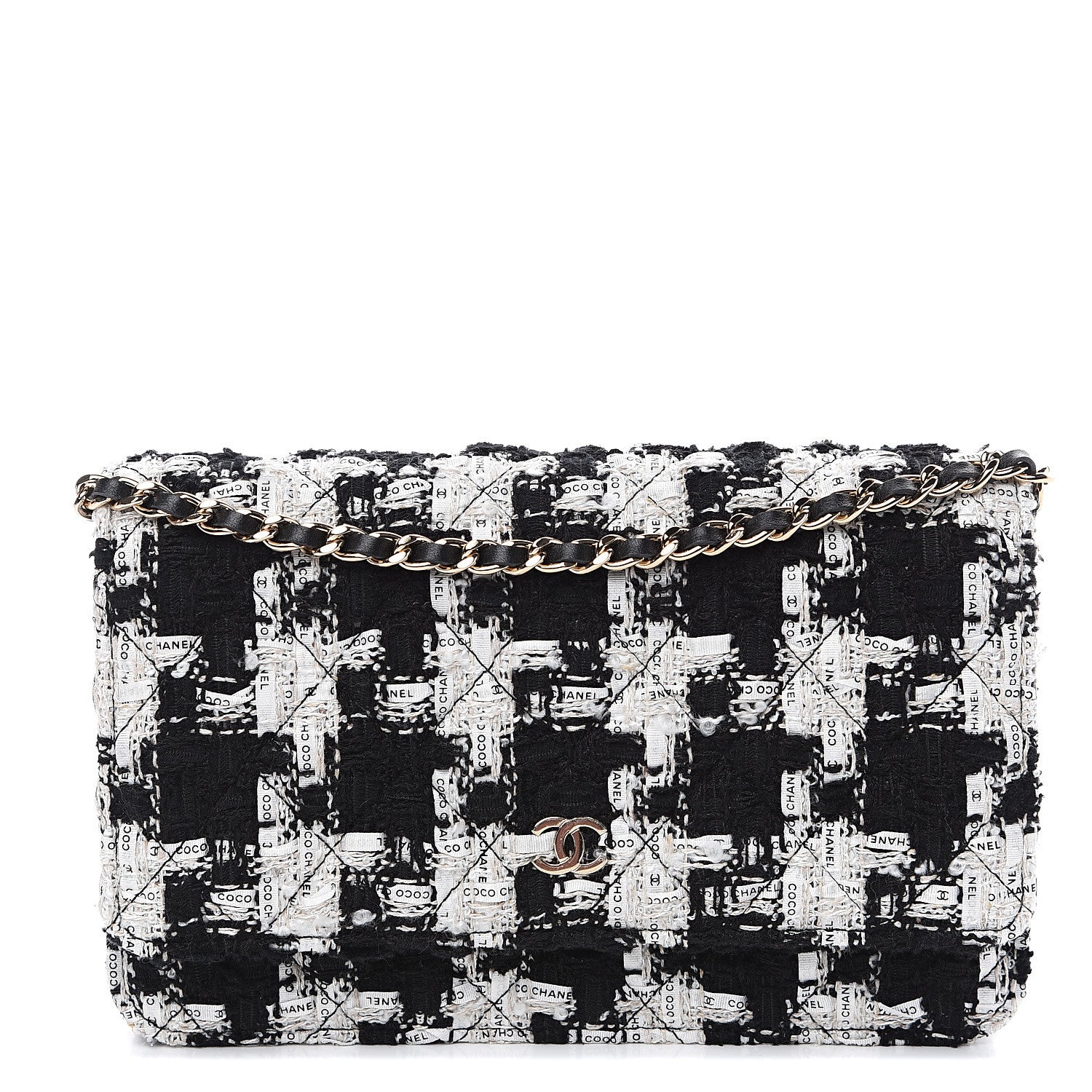 Chanel Tweed Quilted Wallet On Chain WOC Black Ecru White 1 of 11