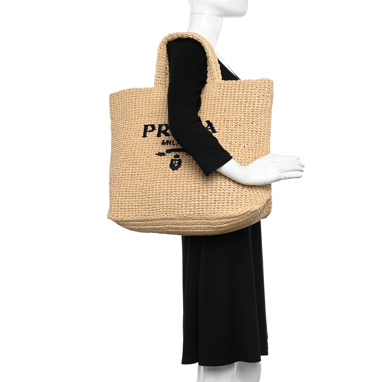 Yarn Raffia Effect Crochet Embroidered Logo Tote Naturale