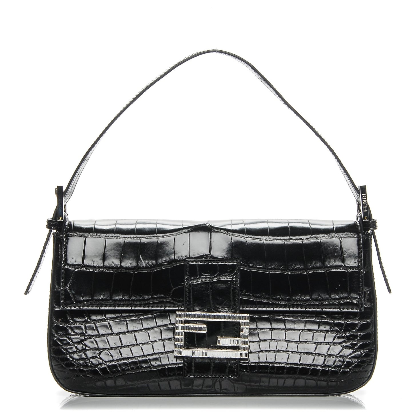 Calfskin Crocodile Embossed Crystal Baguette Black