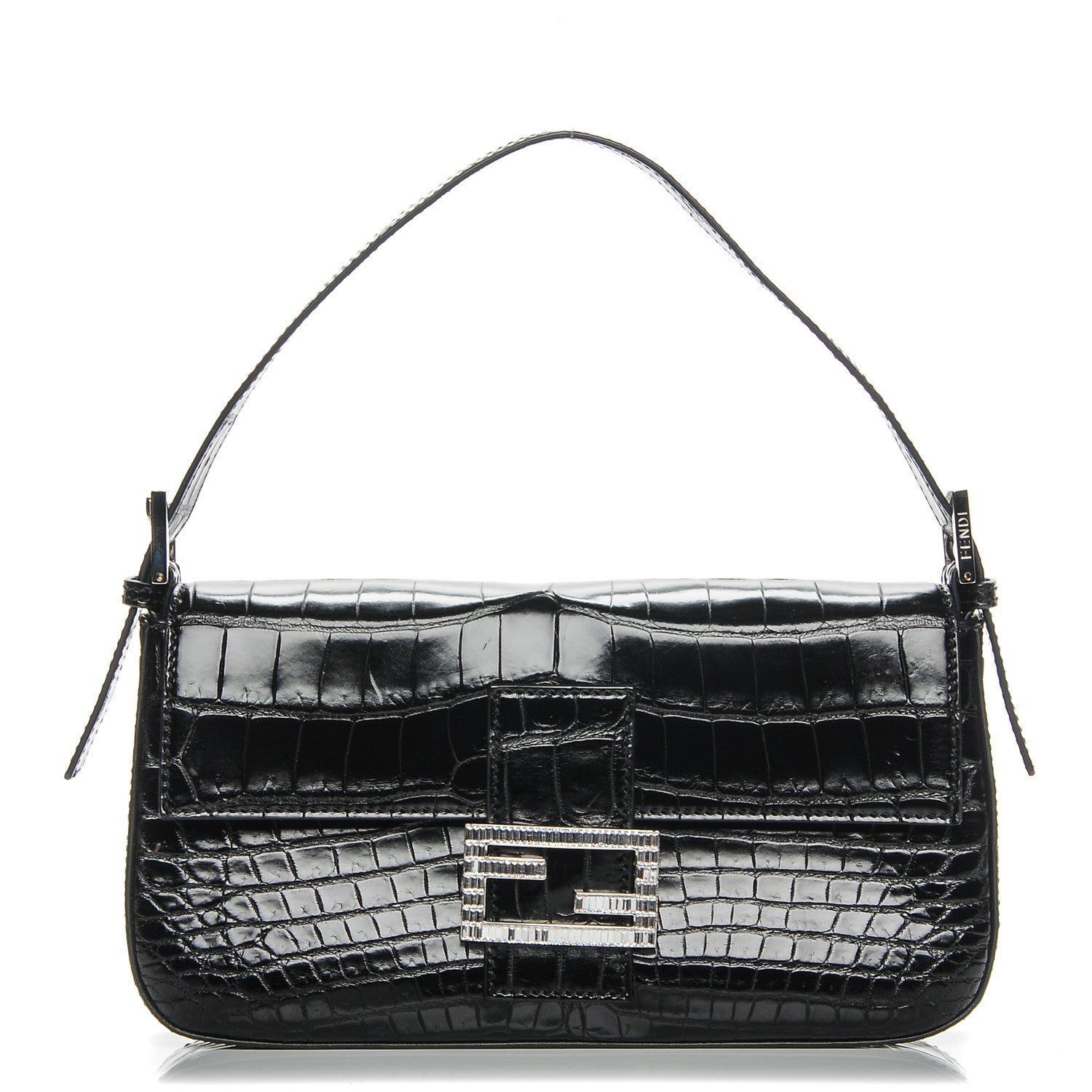 Fendi Calfskin Crocodile Embossed Crystal Baguette Black 1 of 6