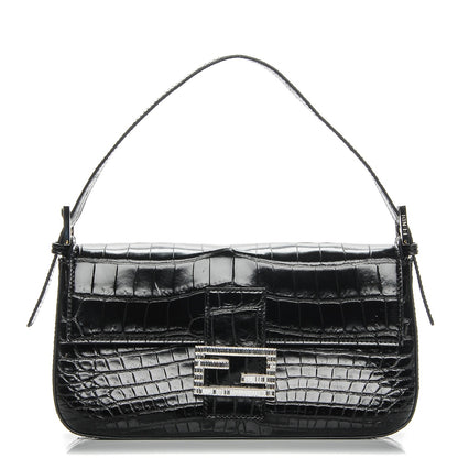 Fendi Calfskin Crocodile Embossed Crystal Baguette Black 1 of 6