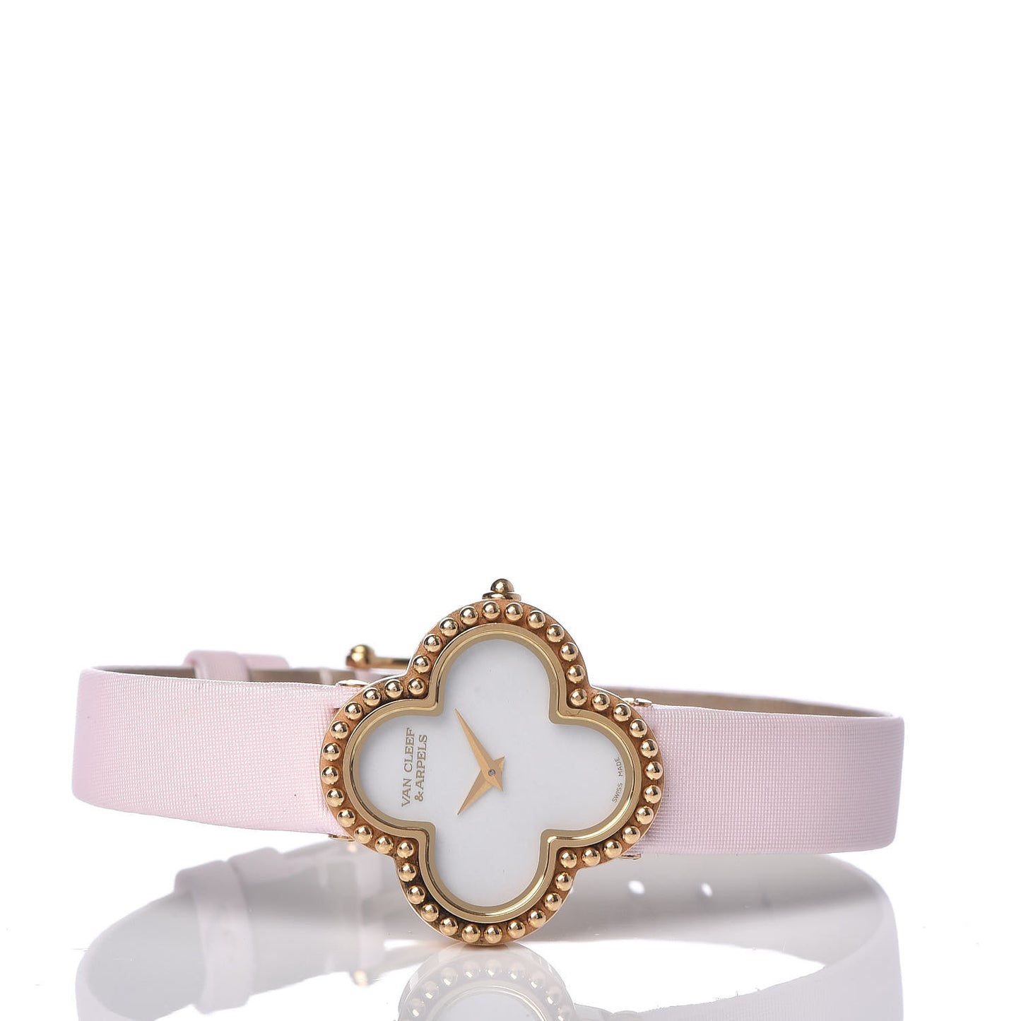 18K Yellow Gold Satin Mother of Pearl 26mm Alhambra Quartz Watch Pink