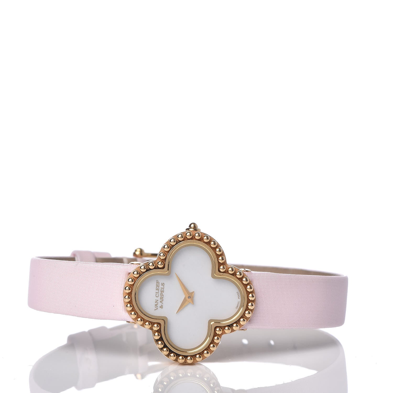 Van Cleef & Arpels 18K Yellow Gold Satin Mother of Pearl 26mm Alhambra Quartz Watch Pink 7 of 9