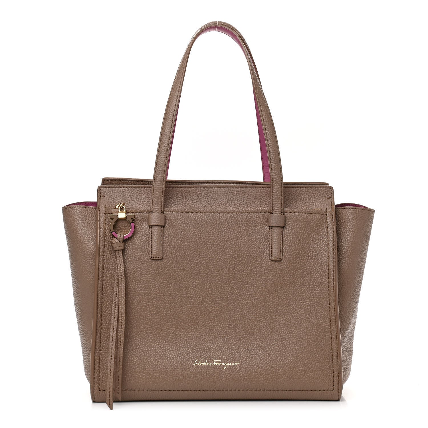 Salvatore Ferragamo Grained Calfskin Double Handle Medium Amy Tote Beige Pink 1 of 11