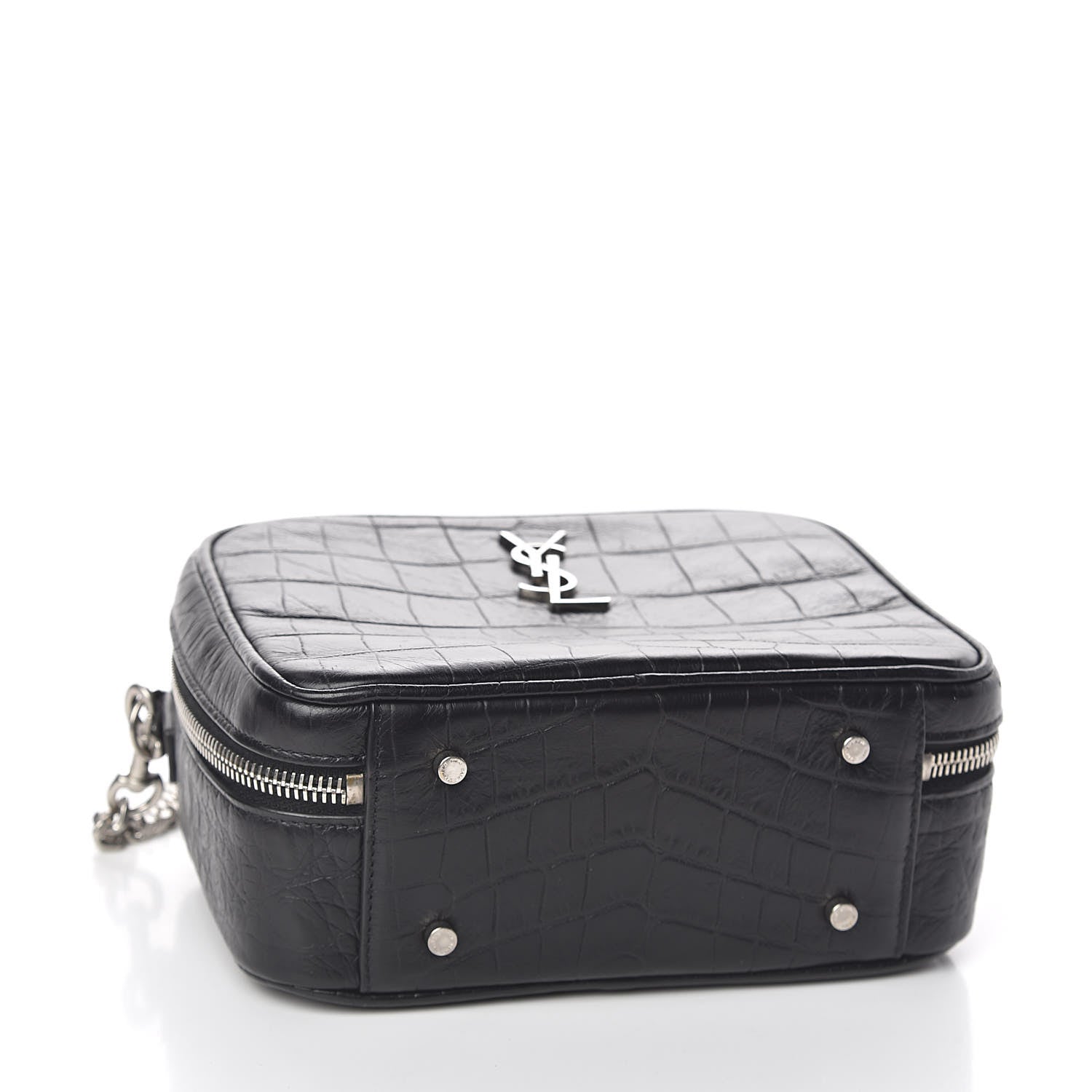 Saint Laurent Calfskin Crocodile Embossed Monogram Lunch Box Bag Black 4 of 9