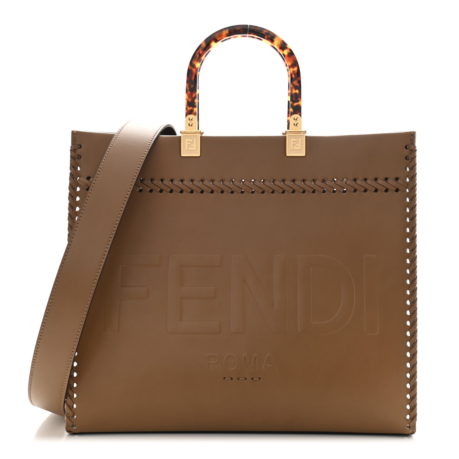 Fendi Vitello King Ceylon Plexiglass Woven Logo Debossed Fendi Sunshine Shopper Tote Sand 1 of 10