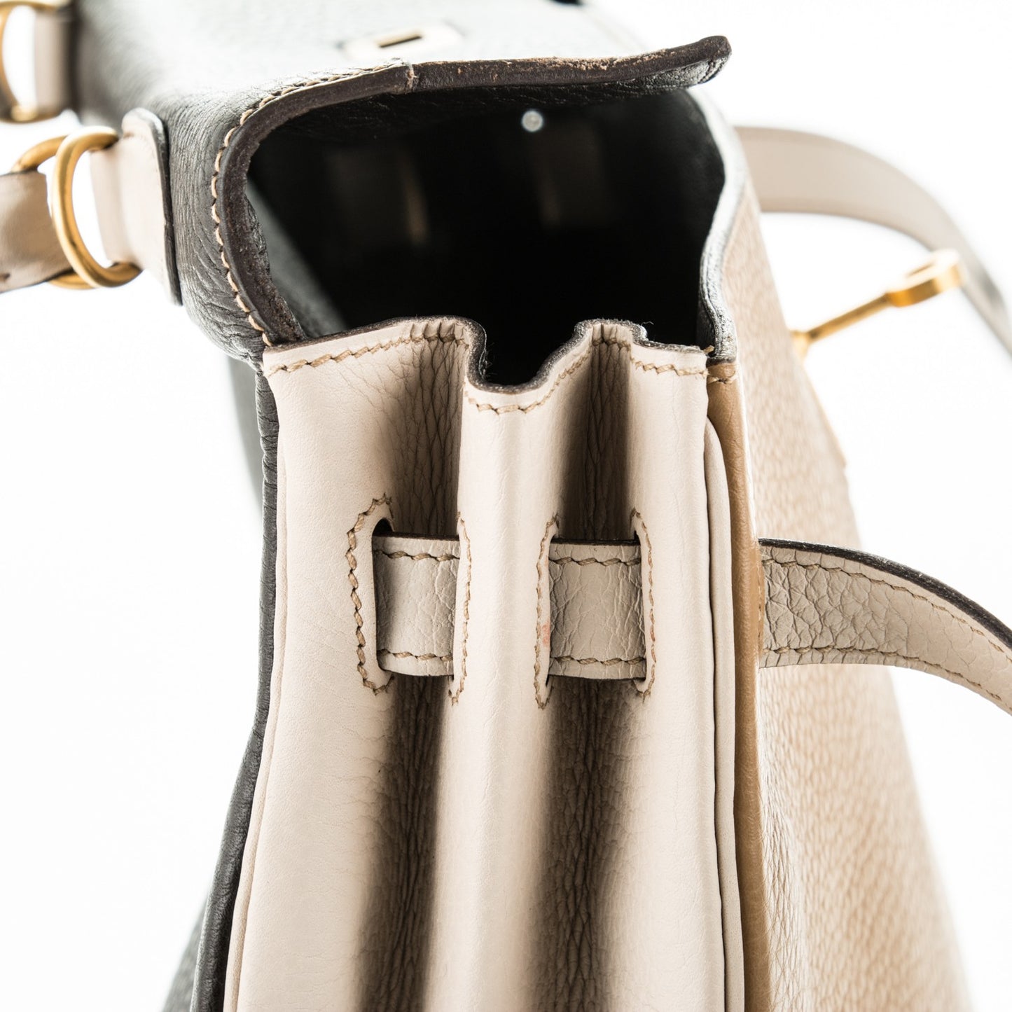 Taurillon Clemence Tri-Color Kelly Retourne 35 Tabac Camel Ebene Parchemin