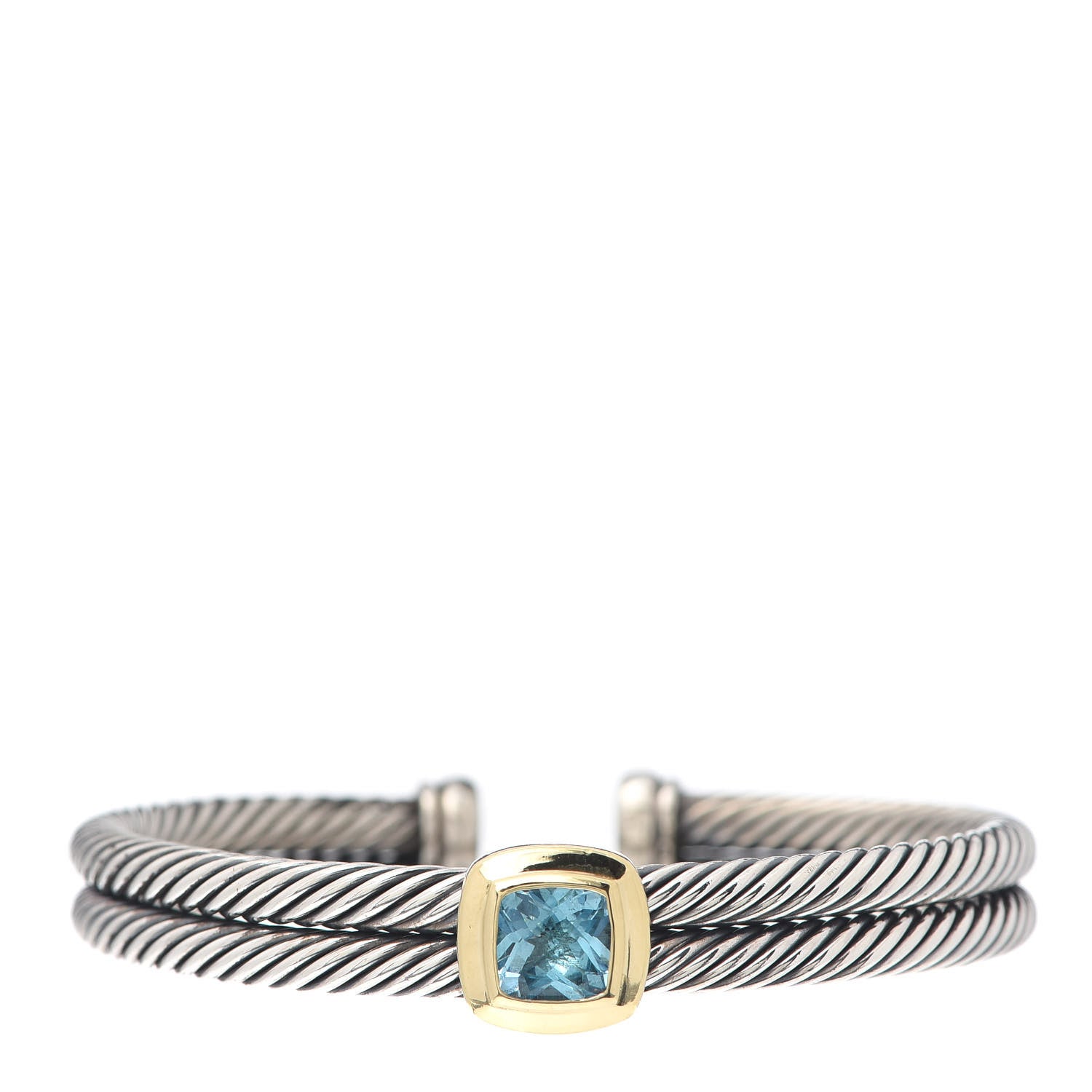 David Yurman Sterling Silver 18K Yellow Gold Blue Topaz Albion Double Cable Bracelet 1 of 5