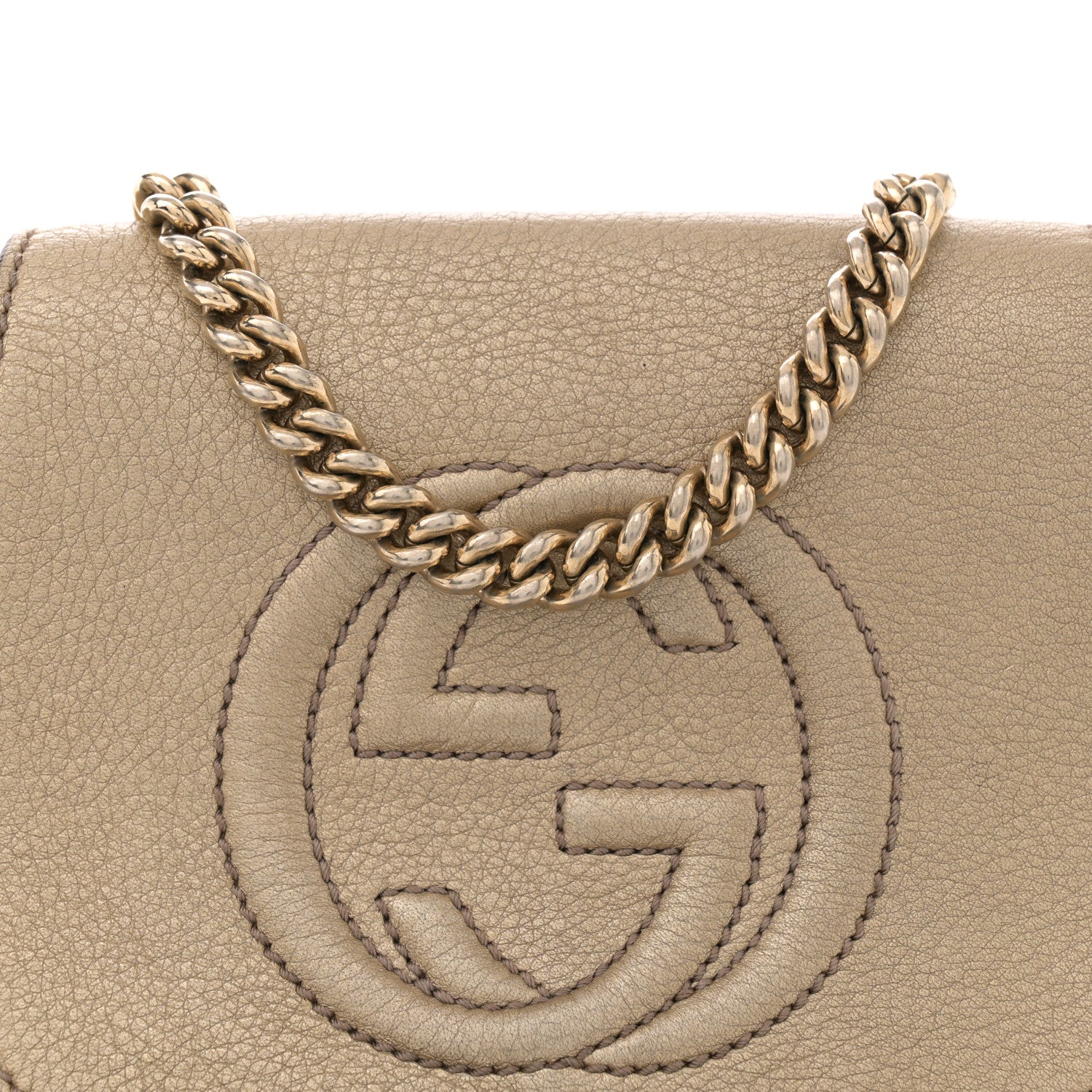 Gucci Metallic Pebbled Calfskin Small Soho Flap Crossbody Golden Beige 8 of 14
