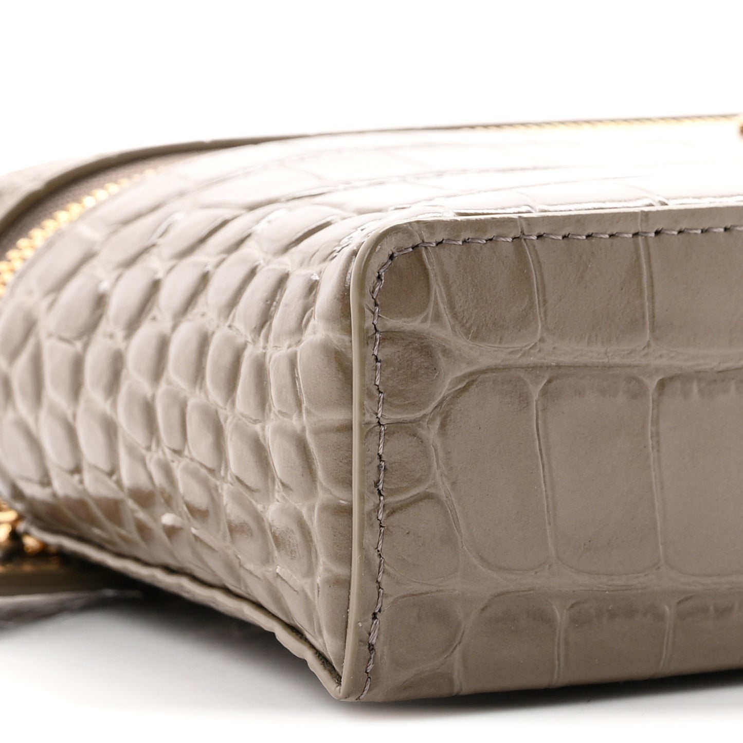 Calfskin Crocodile Embossed Top Handle Trapeze Small Vanity Case With Chain Dark Khaki