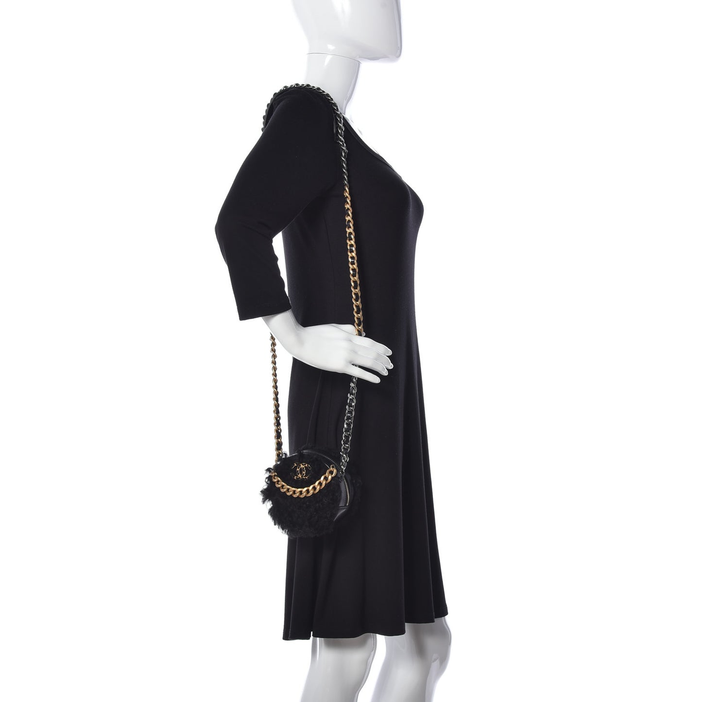 Shearling Sheepskin Chanel 19 Round Clutch With Chain Black