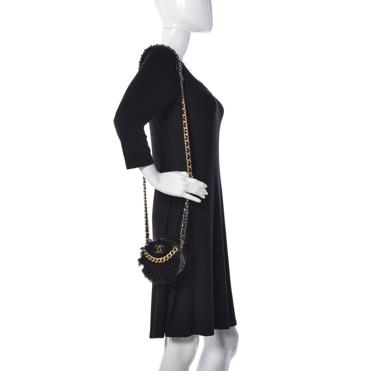 Chanel Shearling Sheepskin Chanel 19 Round Clutch With Chain Black 2 of 9