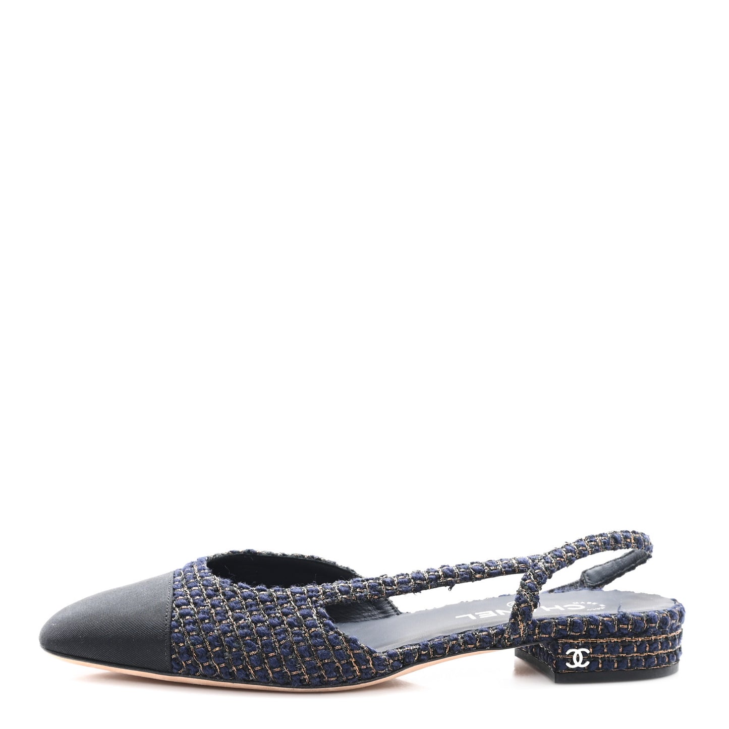 Tweed Grosgrain Cap Toe CC Slingback Flats  40 Blue Gold