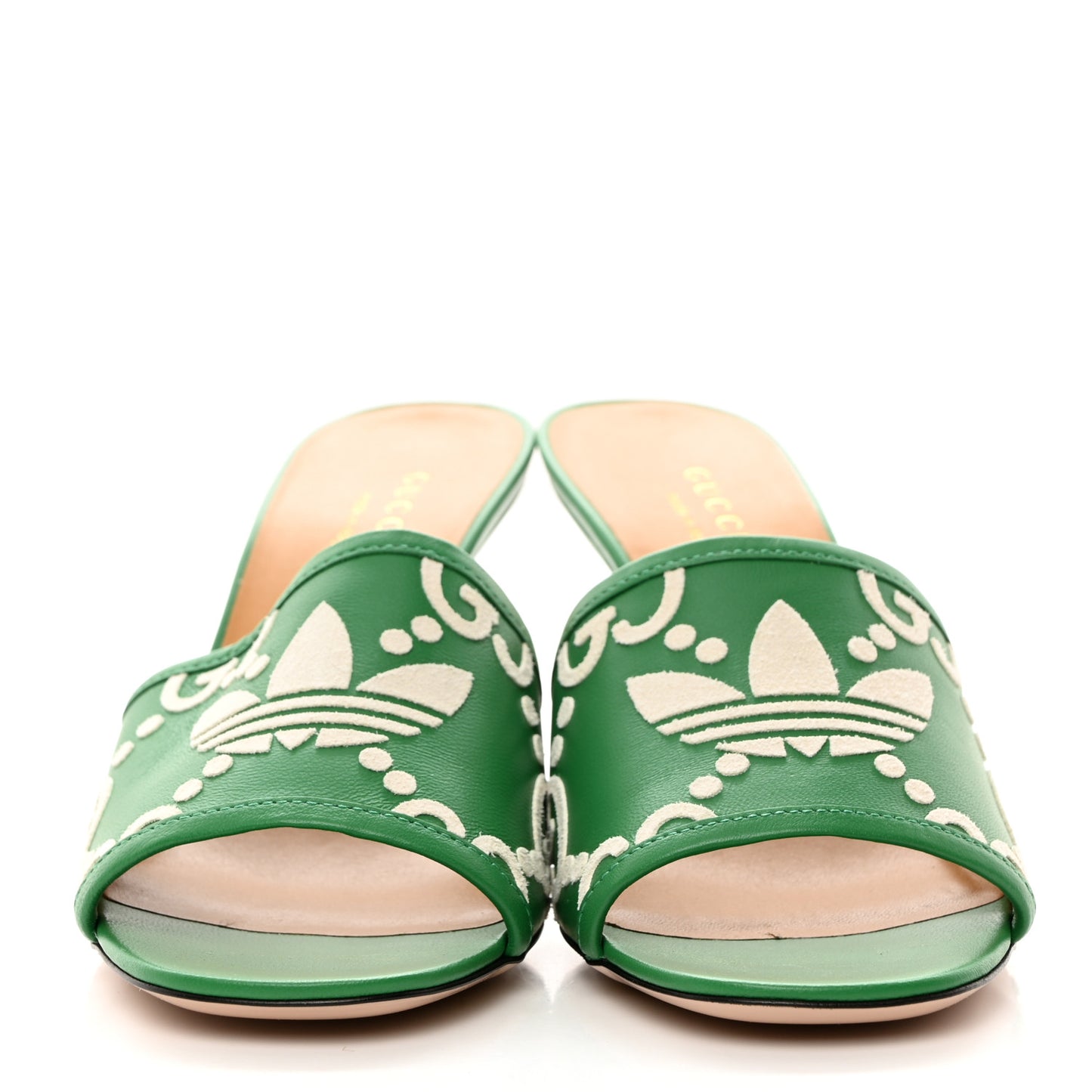 X ADIDAS Nappa Charlotte Suede Monogram Jumbo GG Trefoil 75mm Slide Sandals 37 New Shamarock Ivoire