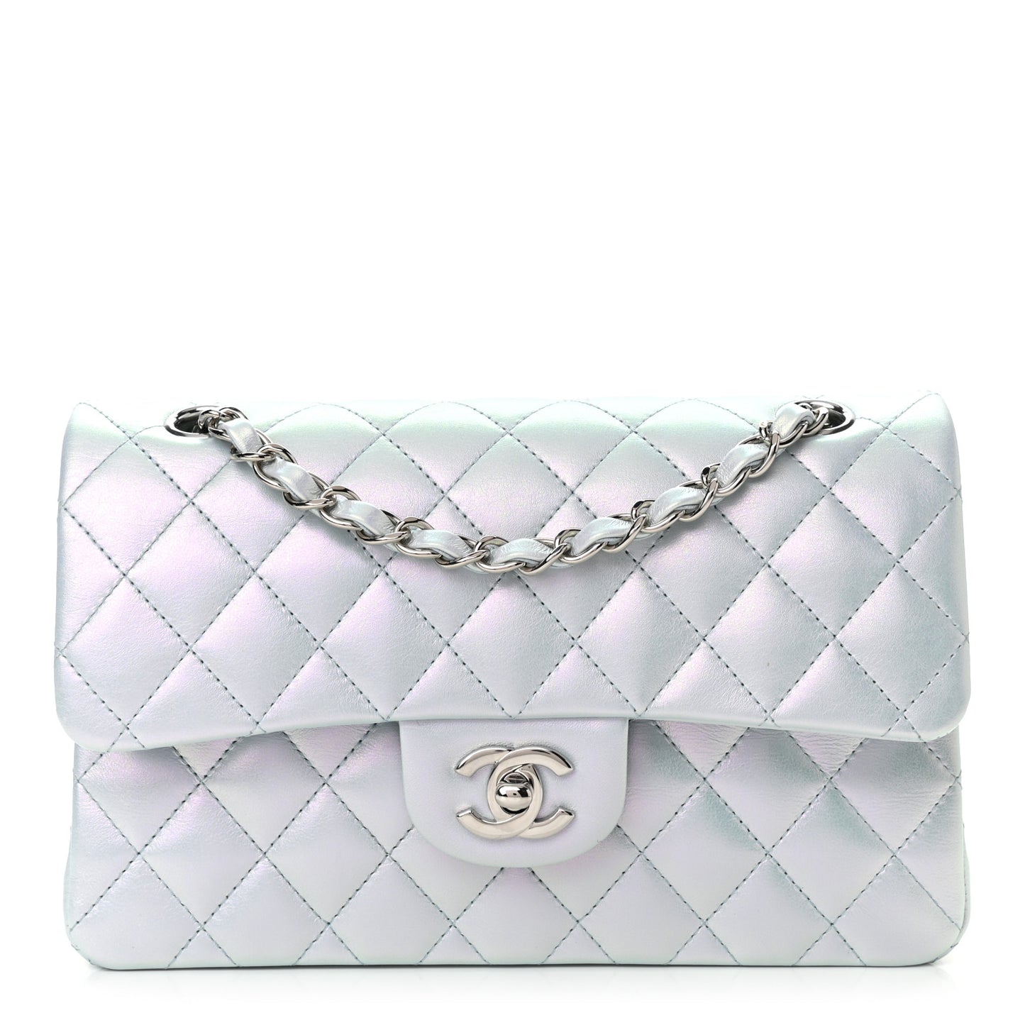 Iridescent Calfskin Quilted Small Double Flap Blue