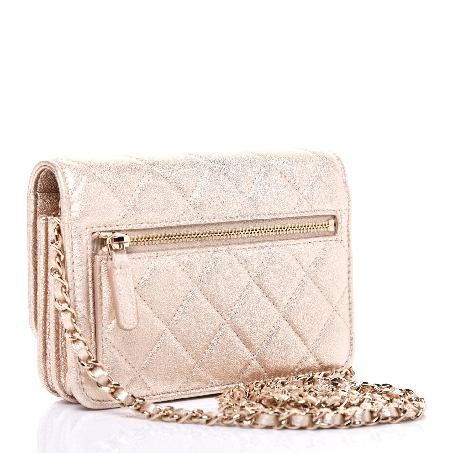 Metallic Lambskin Quilted Mini Wallet On Chain WOC Gold