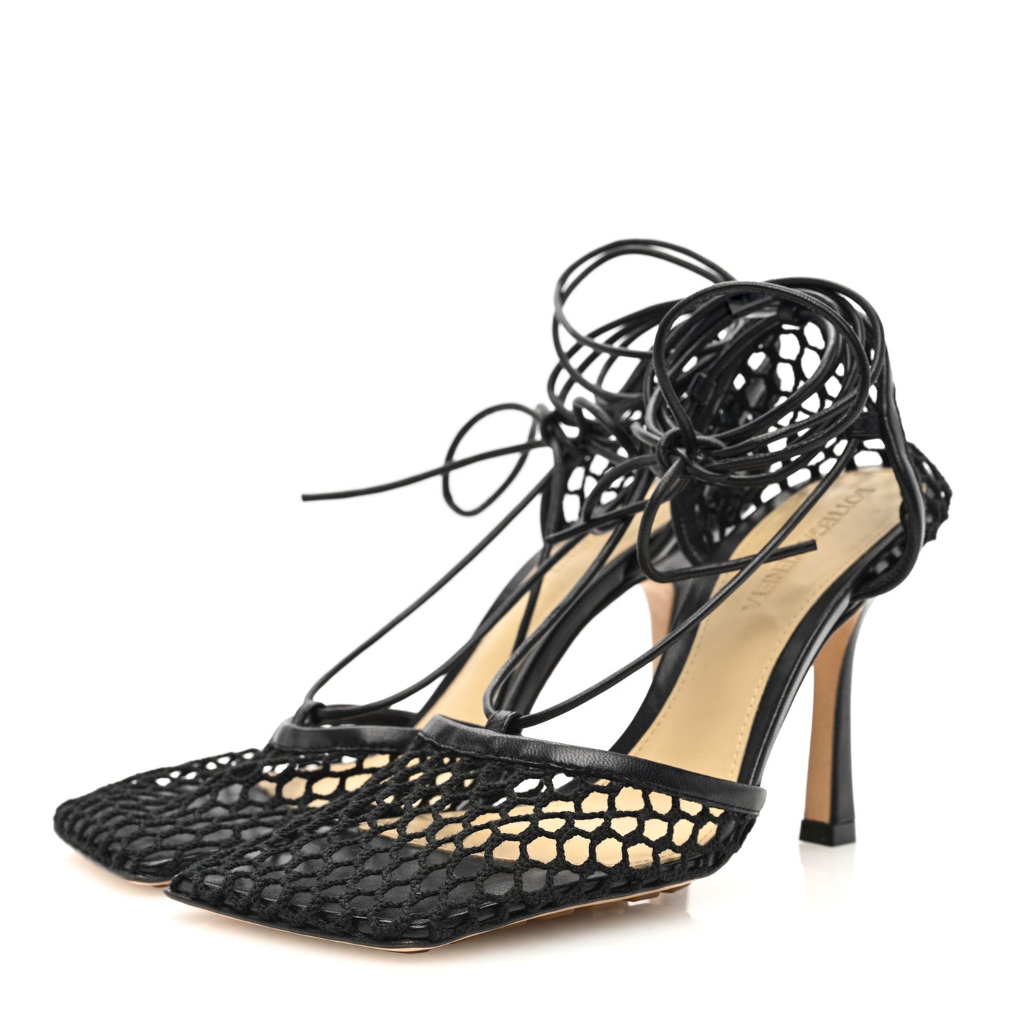 Mesh Nappa Stretch Ankle Tie Sandals 36 Black
