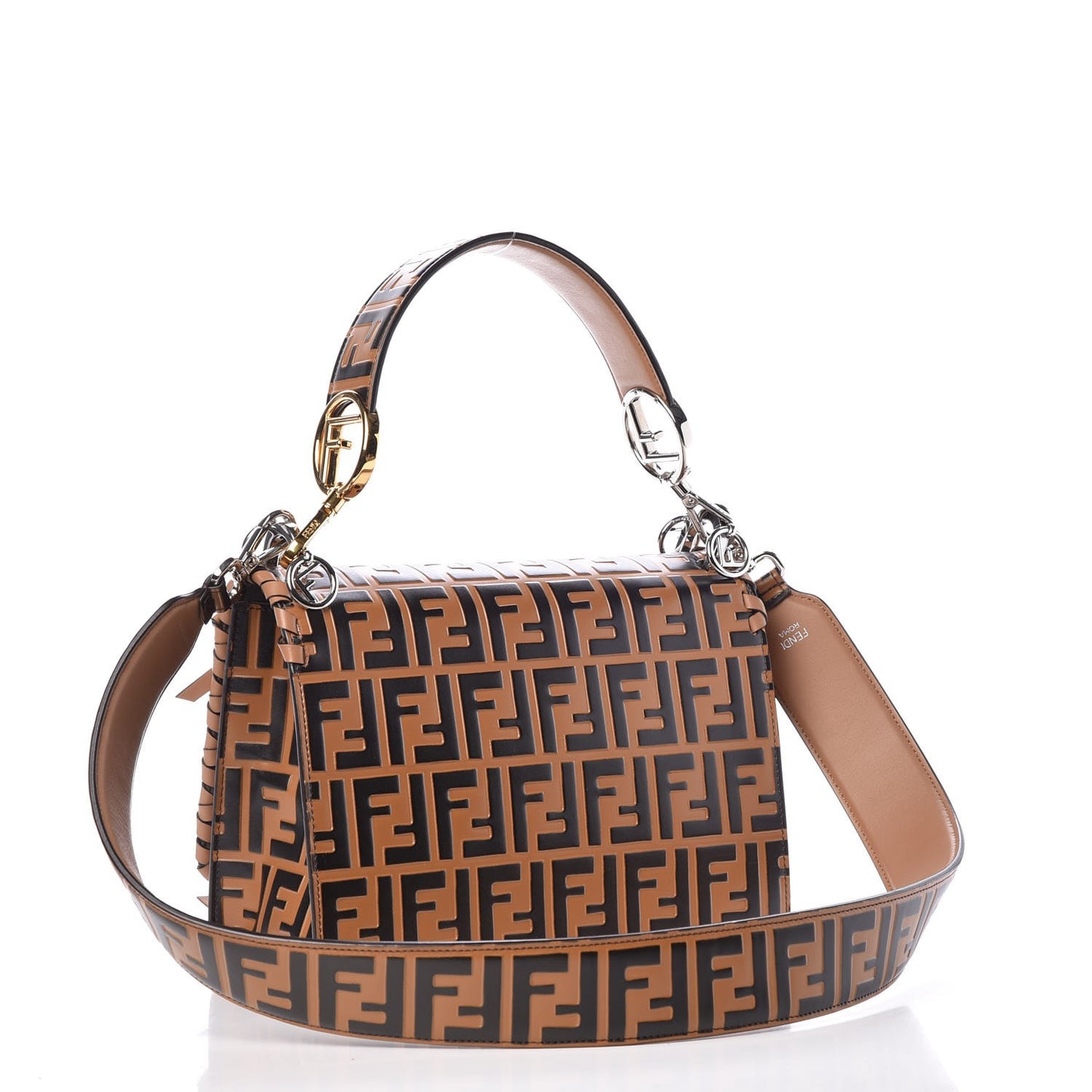 Vitello Century F is Fendi Whipstitch Threads FF Embossed Kan I Shoulder Bag Tobacco Orzo