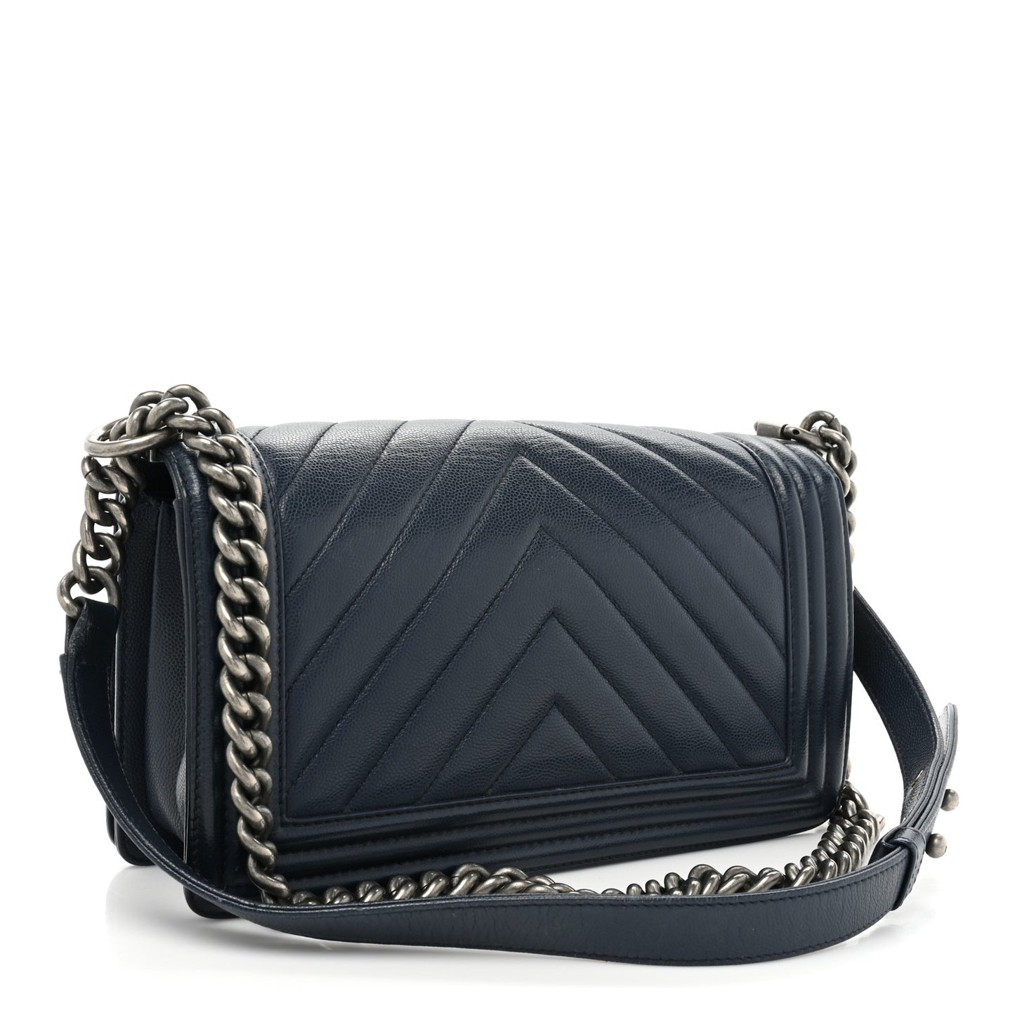 Caviar Chevron Quilted Medium Boy Flap Navy