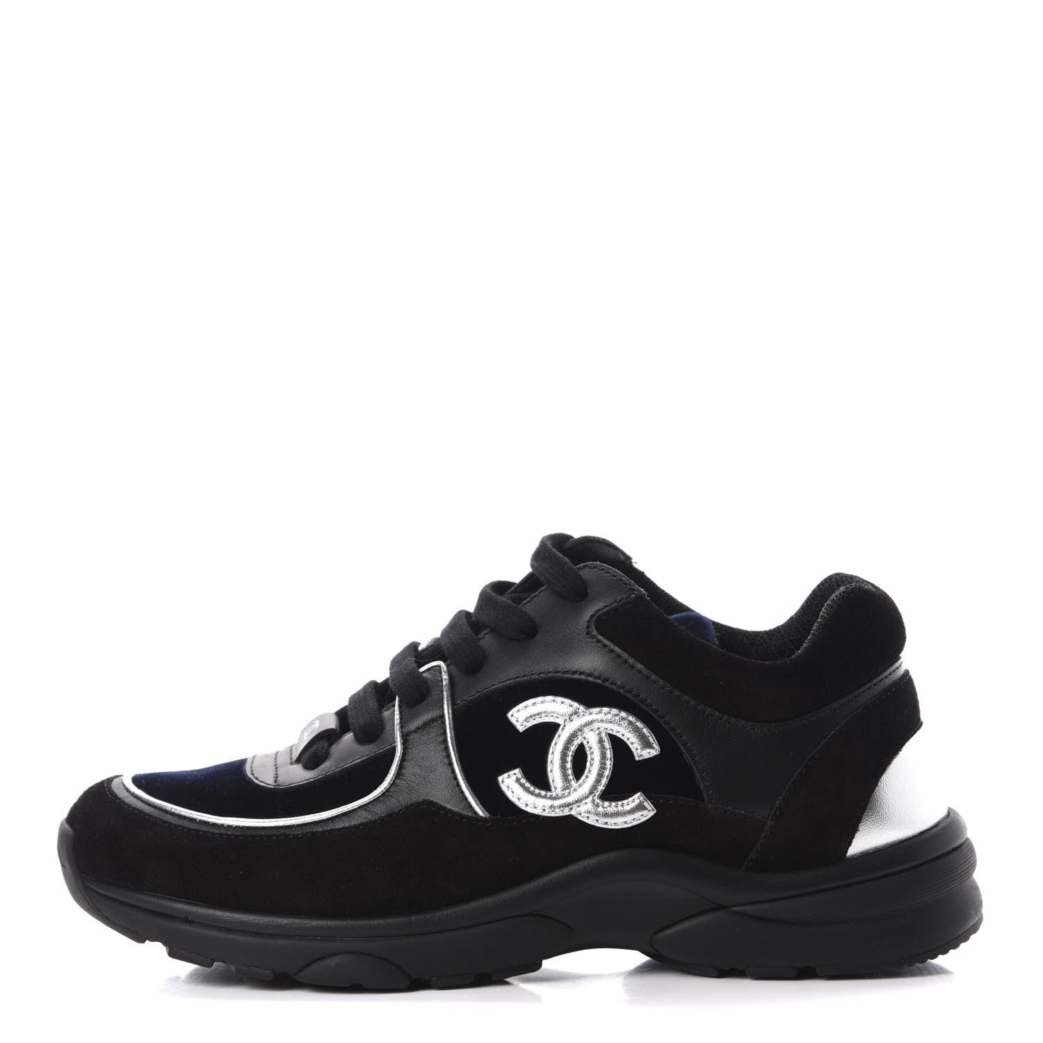 Chanel Suede Velvet Lambskin CC Sneakers 35 Black Blue Silver 1 of 8