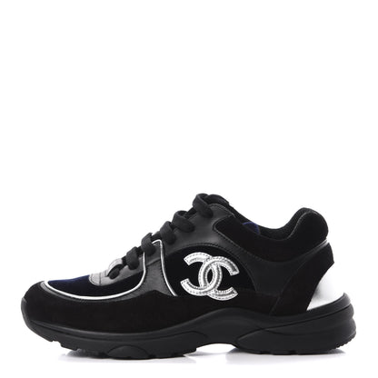 Chanel Suede Velvet Lambskin CC Sneakers 35 Black Blue Silver 1 of 8