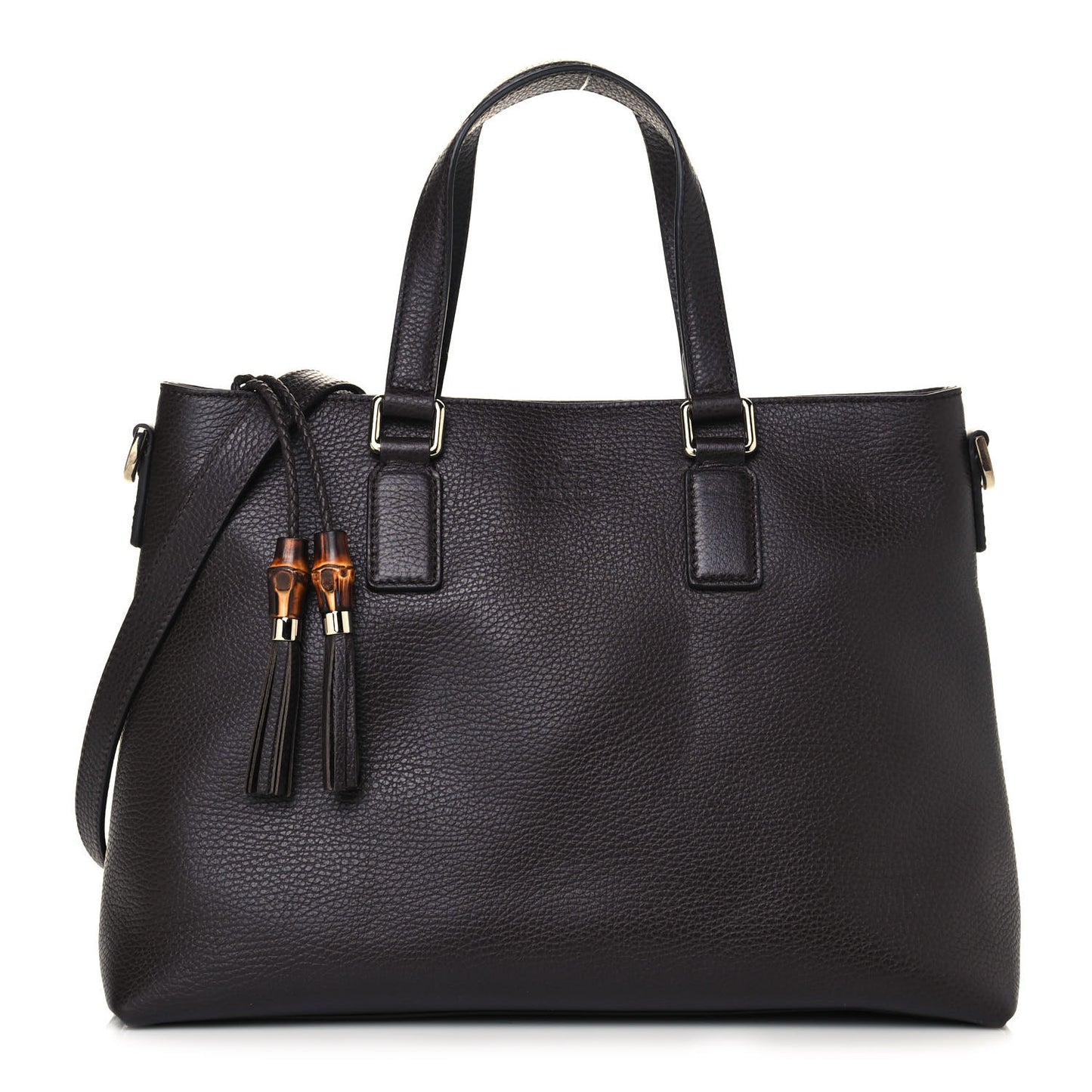 Calfskin Bamboo Tassel Top Handle Tote Dark Brown