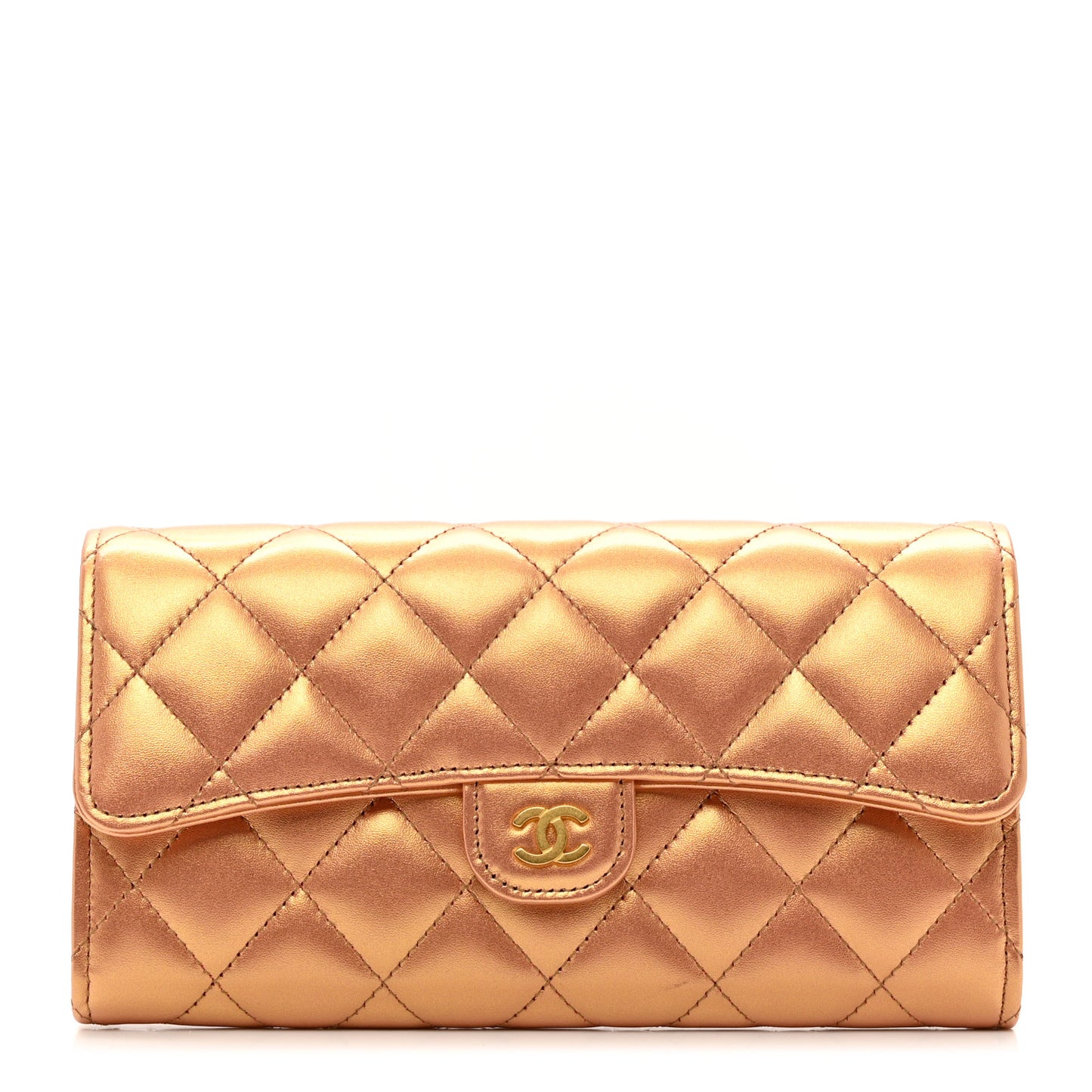 Metallic Lambskin Quilted Large Gusset Flap Wallet Golden