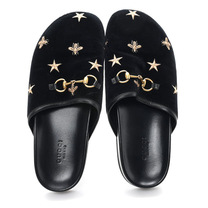 Gucci Softy Velvet Malaga Kid Bee Star Embroidered Womens Horsebit River Slippers 38.5 Black 3 of 9