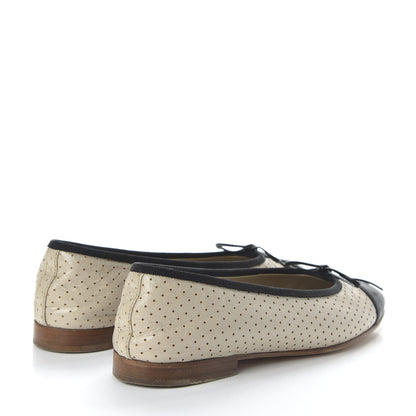 Chanel Lambskin Perforated Cap Toe Ballerina Flats 36 Beige Black 4 of 9